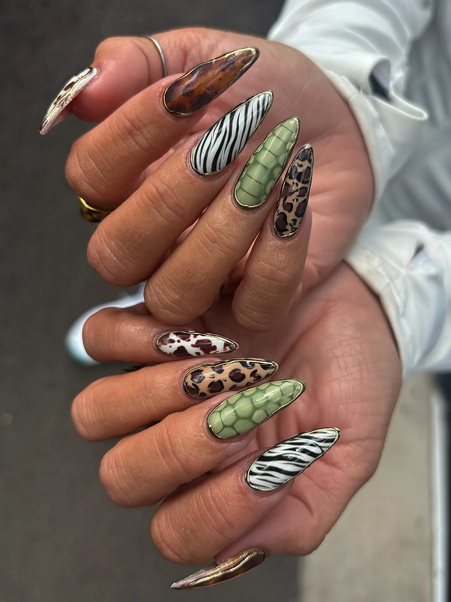 Uñas largas almendradas con estampados de carey, cebra, leopardo y cocodrilo verde, realzadas con dorado.
