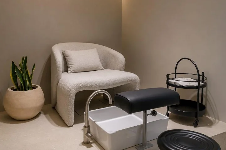 Un rincón de pedicura tranquilo en tonos topo suaves, con un sillón curvo de bouclé color crema y cojín, un bañera de pedicura blanca con reposapiés negro, un carrito redondo negro y una sansevieria en maceta.