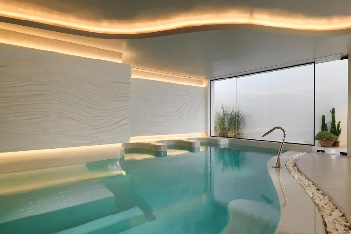 Una piscina de talasoterapia cubierta de agua turquesa pálido con tumbonas integradas, una pared blanca con textura de olas iluminada por luz de cornisa, un techo curvo, una gran ventana esmerilada, gramíneas en maceta y un cactus, y un borde de guijarros.