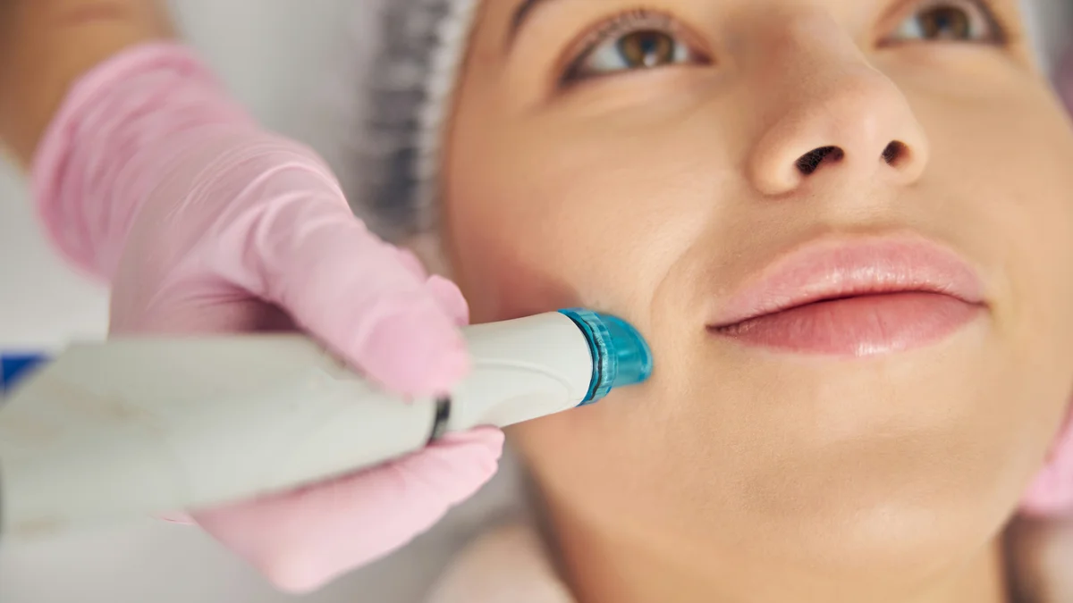 Primer plano de un dispositivo HydraFacial deslizándose por la mejilla de una clienta durante un tratamiento en el centro