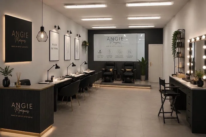 Estudio de belleza moderno y sobrio en negro y oro, con la firma Angie Marques en la pared, una fila de sillones de manicura y lámparas a un lado, una tarima con sillones de tratamiento y un espejo de maquillaje de bombillas a la derecha.