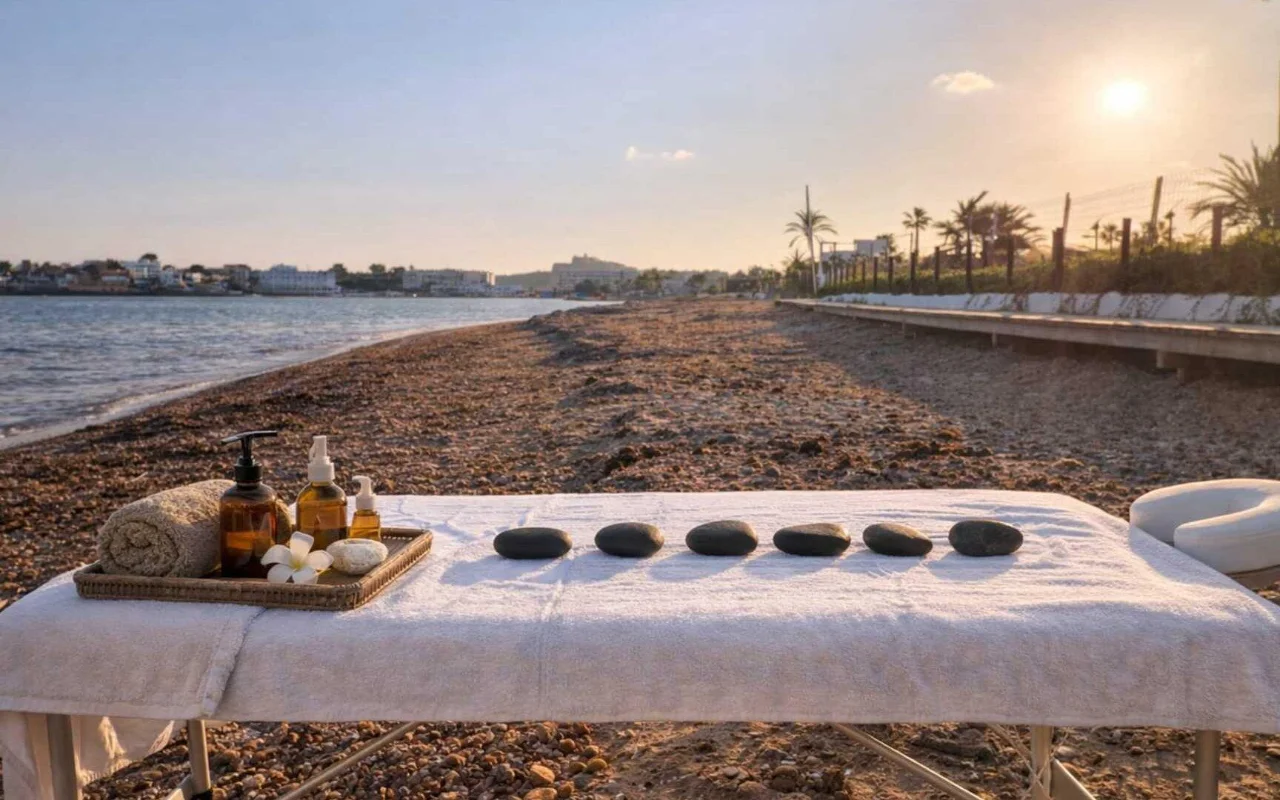 Una camilla de masaje montada en una playa de guijarros a la hora dorada, con una toalla enrollada, una bandeja con frascos de aceite color ámbar, una flor de plumeria y una hilera de piedras calientes oscuras. El mar y una costa bordeada de palmeras se extienden en la distancia bajo un cielo vespertino cálido.