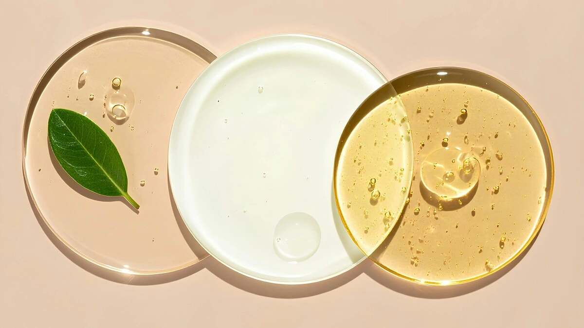 Vista cenital de tres círculos superpuestos de productos faciales hidratantes y nutritivos sobre un fondo melocotón claro