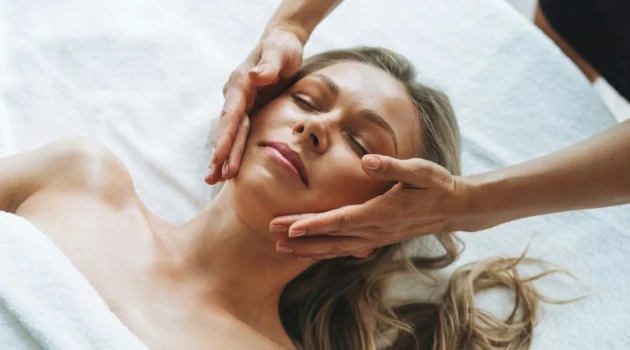 Mujer relajada durante un masaje facial de drenaje linfático suave, con las manos de la profesional deslizándose ligeras por su rostro