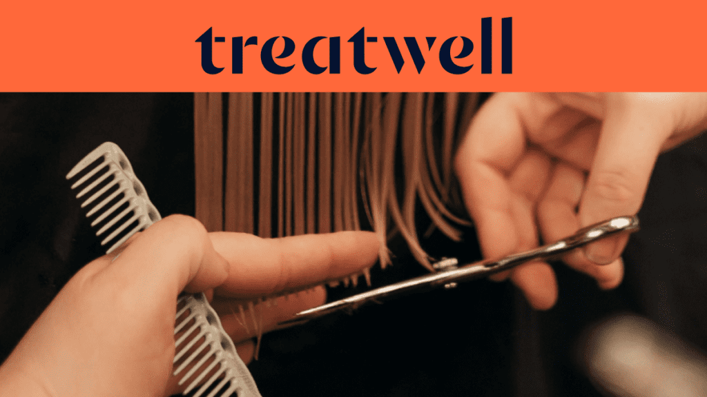 Primer plano de las manos de un peluquero cortando las puntas de un cabello liso con tijeras y un peine. En la parte superior, una franja naranja muestra el logotipo de "Treatwell" en azul oscuro.